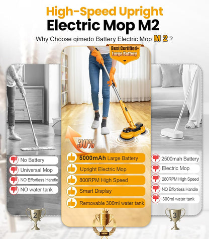 qimedo 800RPM Cordless Electric Mop, 6000mAh Battery Electric Power Scrubber & Mops for Floor Cleaning, Best Automatic Spin Mops with Smart Display,Rotating Mop with LED Light & Water Spray