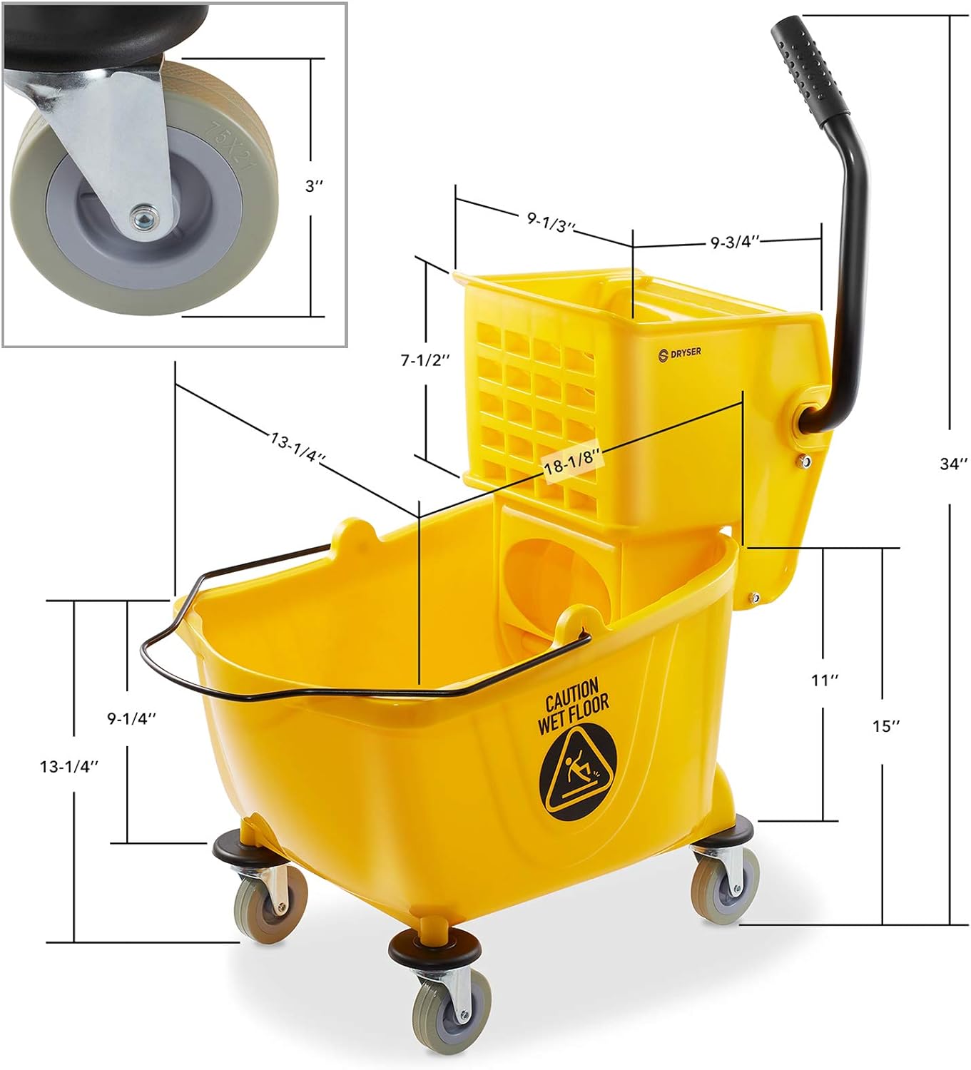 Dryser Commercial Mop Bucket with Side Press Wringer, 26 Quart, Black