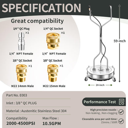 14" Pressure Washer Surface Cleaner with 4 Wheels - Stainless Steel Surface Cleaner for Pressure Washer Attachment for Concrete, Patio, Sidewalk, Deck and Driveways - PWS14