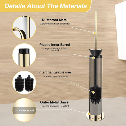 BGL Toilet Brush and Holder Set, Heavy Duty 304 Stainless Steel, Round Base and Long Handle for Bathroom Deep Cleaning, Drip-Proof, Space Saving for Storag, Polished Gold
