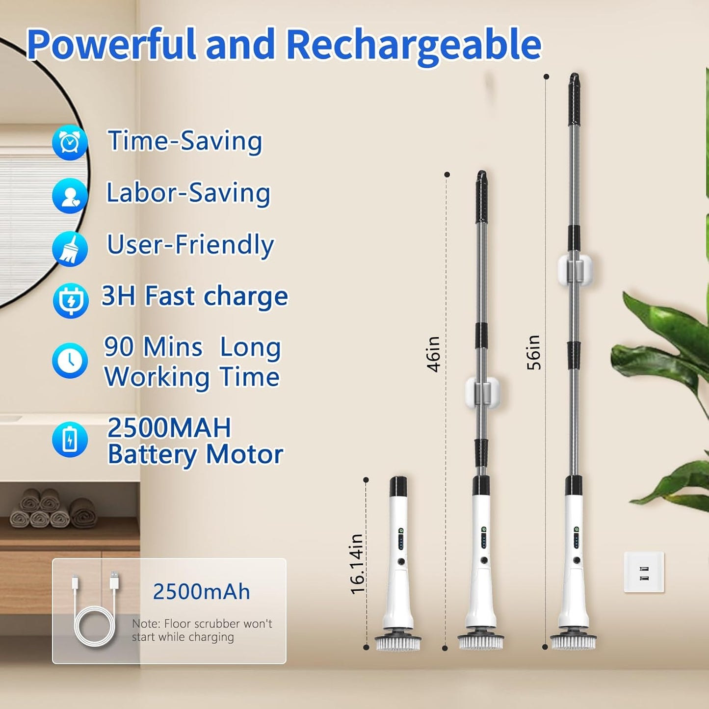 Electric Spin Scrubber, Hillyfe Bathroom Scrubber Electric with 7 Replaceable Brush Heads, IPX7 Waterproof,300/400 RPM, 3 Adjustable Length,Scrubber Brush Electric for Bathtub Floor,White