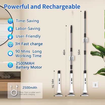 Electric Spin Scrubber, Hillyfe Bathroom Scrubber Electric with 7 Replaceable Brush Heads, IPX7 Waterproof,300/400 RPM, 3 Adjustable Length,Scrubber Brush Electric for Bathtub Floor,White