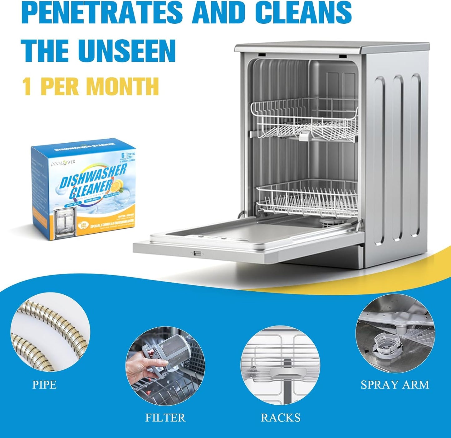 6-Pack Dishwasher Detergent and Deodorizer Tablets with Kitchen Sponge, Deep Clean Formula, Dishwasher Safe, Removes Scale, Odors, and Hard Water Residue (Lemon Scent)