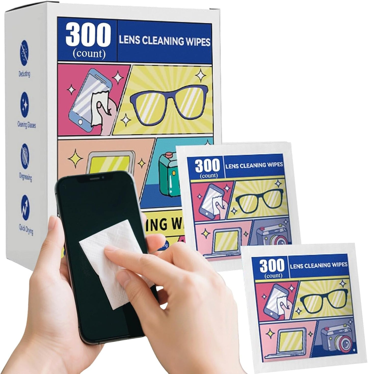 Pre-Moistened Lens Cleaning Wipes, 300 Pcs Cleaning Wipes for Glasses, Computer & Laptops Screens, Smart Phones, Optical Lens, Goggles, and Watch Screen l Quick-Dry and Scratch-Free