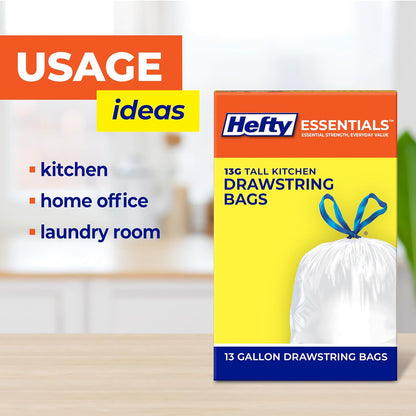 Hefty Essentials Drawstring 13 Gallon Kitchen Trash Bags, 45 Count, Tall Unscented Trash Bags for Kitchens, Home Offices, or Laundry Rooms, Easy to Tie, Lift, and Carry, White