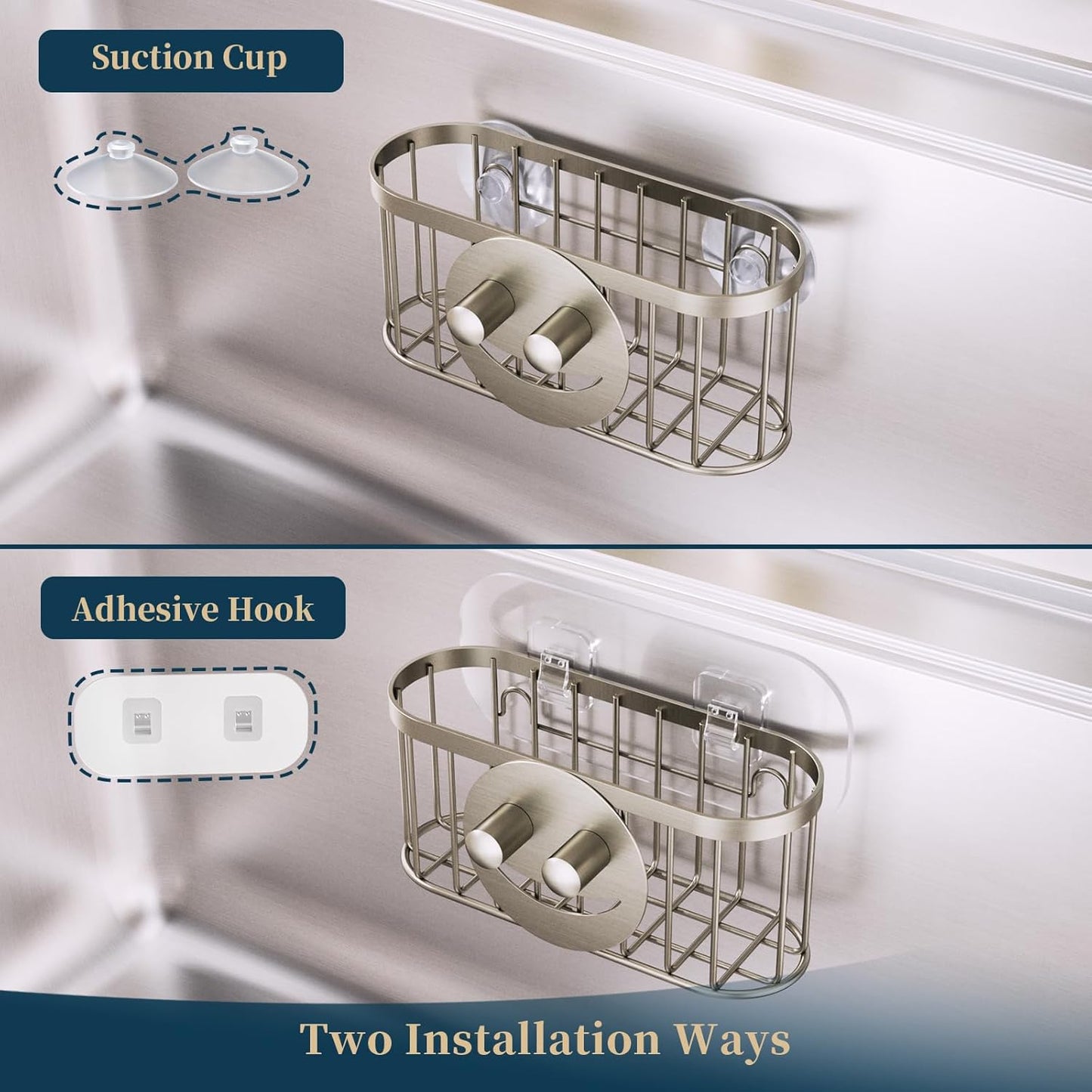 Consumest Sponge Holder Sink Caddy - Ladder Shaped Sponge Holder for Kitchen Sink with 2 Installation Ways (Suction Cups & Adhesive Hook), Rustproof Stainless Steel Kitchen Organizer, Silver
