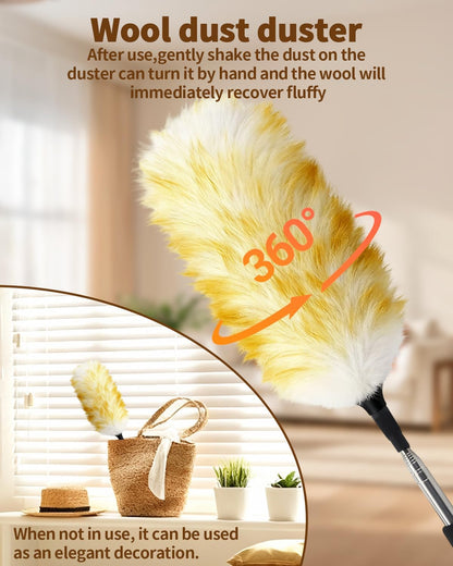 Extendable Ostrich Feather Duster with Bonus Wool Feather Duster Head - Natural Fluffy Non-Slip Handle Feathers Dusters for Cleaning Ceiling Fans, Blinds, Roof Dusting, High Surfaces (18-48 in)