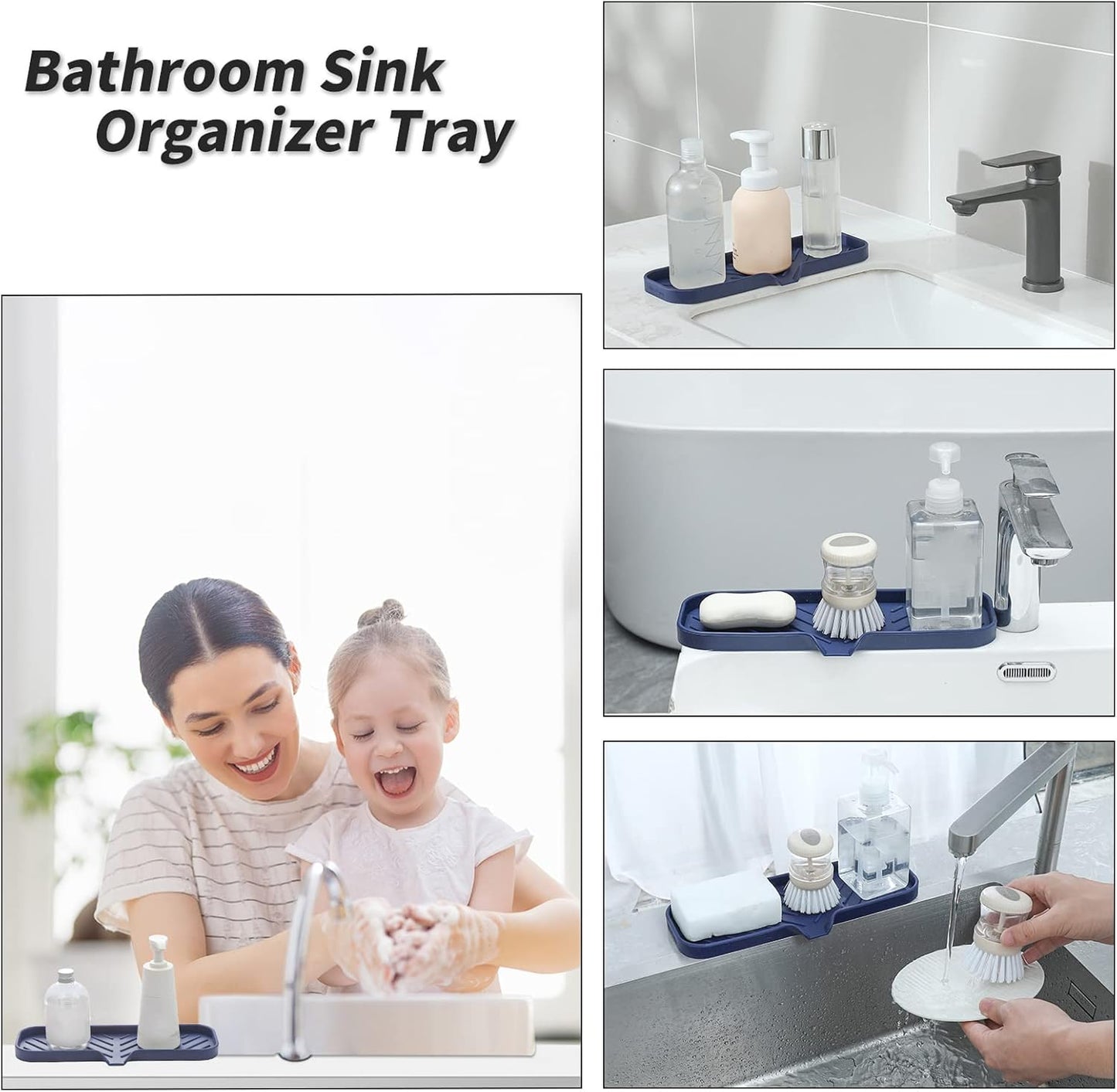 MicoYang Silicone Bathroom Soap Dishes with Drain Spout-Bathroom and Kitchen Sink Organizer,Sponge Holder,Dish Soap Tray,Perfect for Dispenser,Scrubber,Bottle,Cup on Sink or Counter-Black 4.9"×3.2"