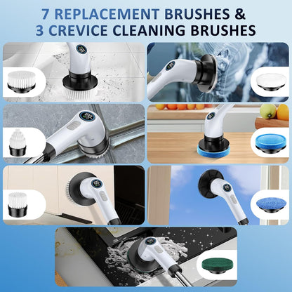Electric Spin Scrubber Upgraded Battery with Extra-Long Runtime, IPX7 Waterproof Power Cleaner with 7 Brush Heads, 2 Speeds Adjustable Long Handle for Bathroom, Floor, Shower