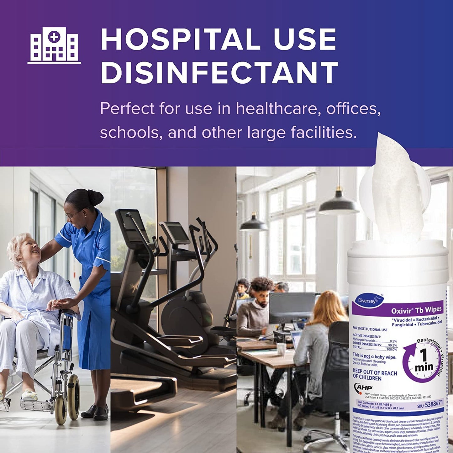 Oxivir Diversey Tb 5388471 Ready-to-Use Disinfectant Cleaning Wipes, Accelerated Hydrogen Peroxide, Large 7x8-Inch Sheets, 60-Wipes, 1-Slim Canister