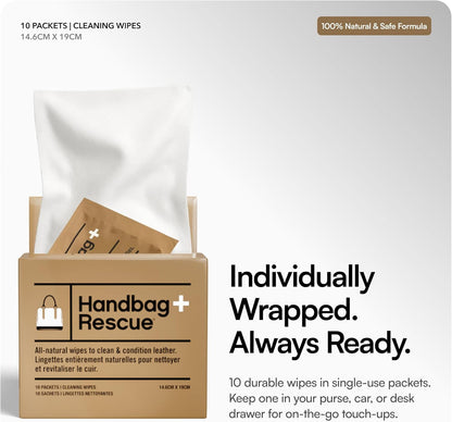 HandBagRescue All-Natural Cleaning Wipes. Remove Dirt & Surface Stains & Conditions Leather Handbags with Essential Oil. Box of 10 Individually Wrapped Wipes.