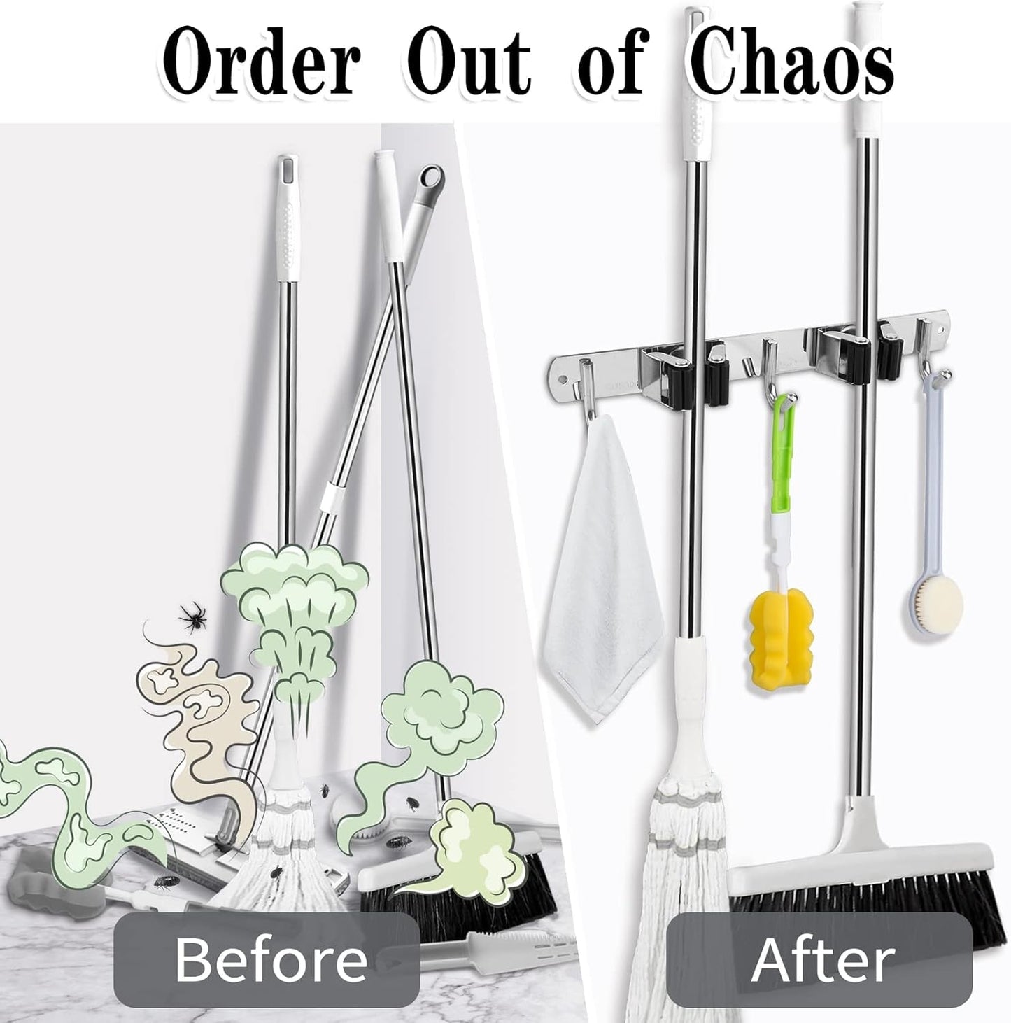 AceMining 5 Racks and 4 Hooks Mop and Broom Holder Wall Mount, Broom Organizer Storage Tool Racks Stainless Steel Heavy Duty Hooks Self Adhesive Solid Non-slip for Home Kitchen Garden Laundry Garage