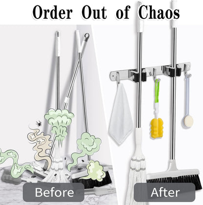 AceMining 5 Racks and 4 Hooks Mop and Broom Holder Wall Mount, Broom Organizer Storage Tool Racks Stainless Steel Heavy Duty Hooks Self Adhesive Solid Non-slip for Home Kitchen Garden Laundry Garage