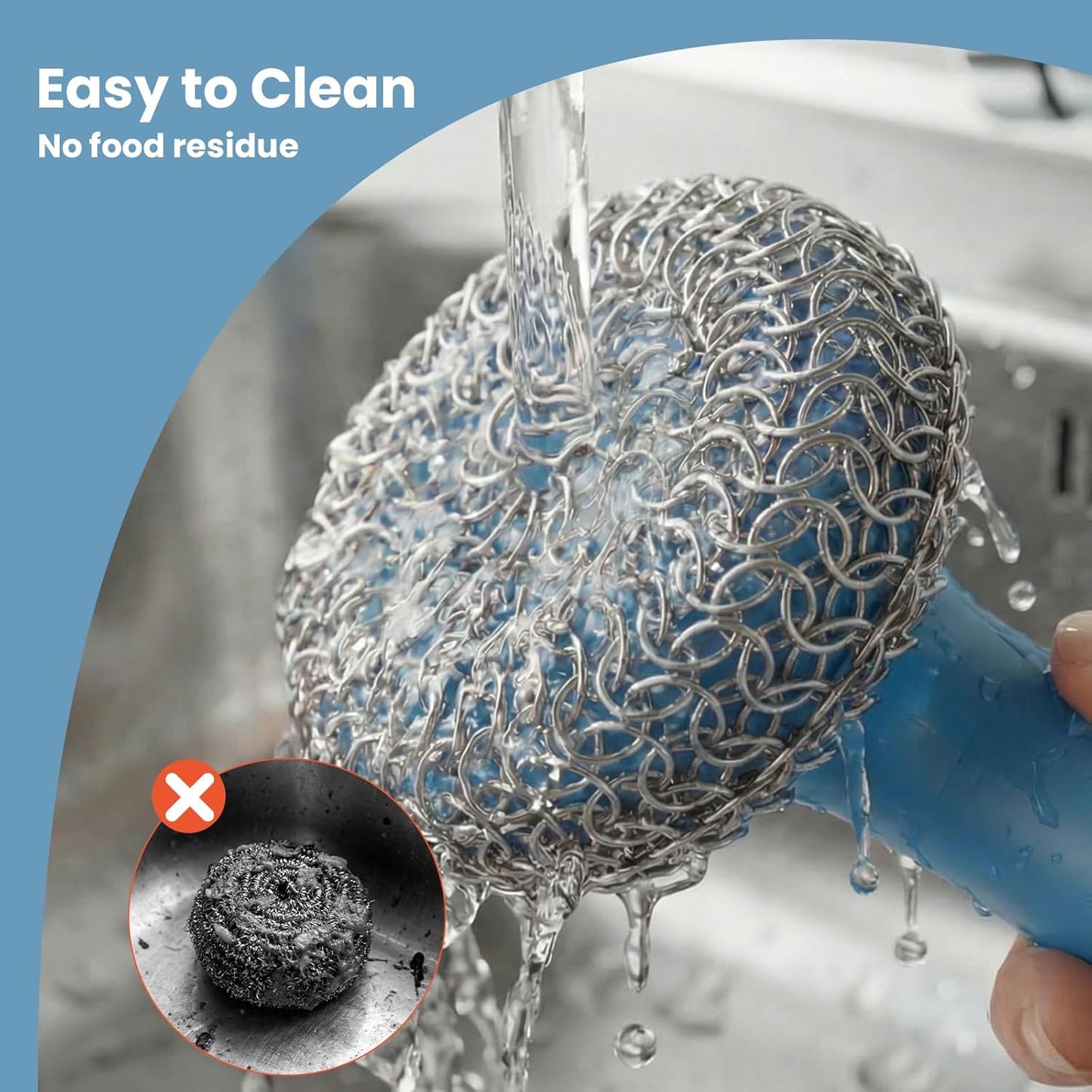 Cast Iron Scrubber with Long Handle | 316 Cast Iron Cleaner Chainmail Scrubber for Pan Skillet Cleaner - Dish Scouring Pad Dishwasher Safe Cleaning Kit (Blue, 1 Scrubber + 1 Scraper)