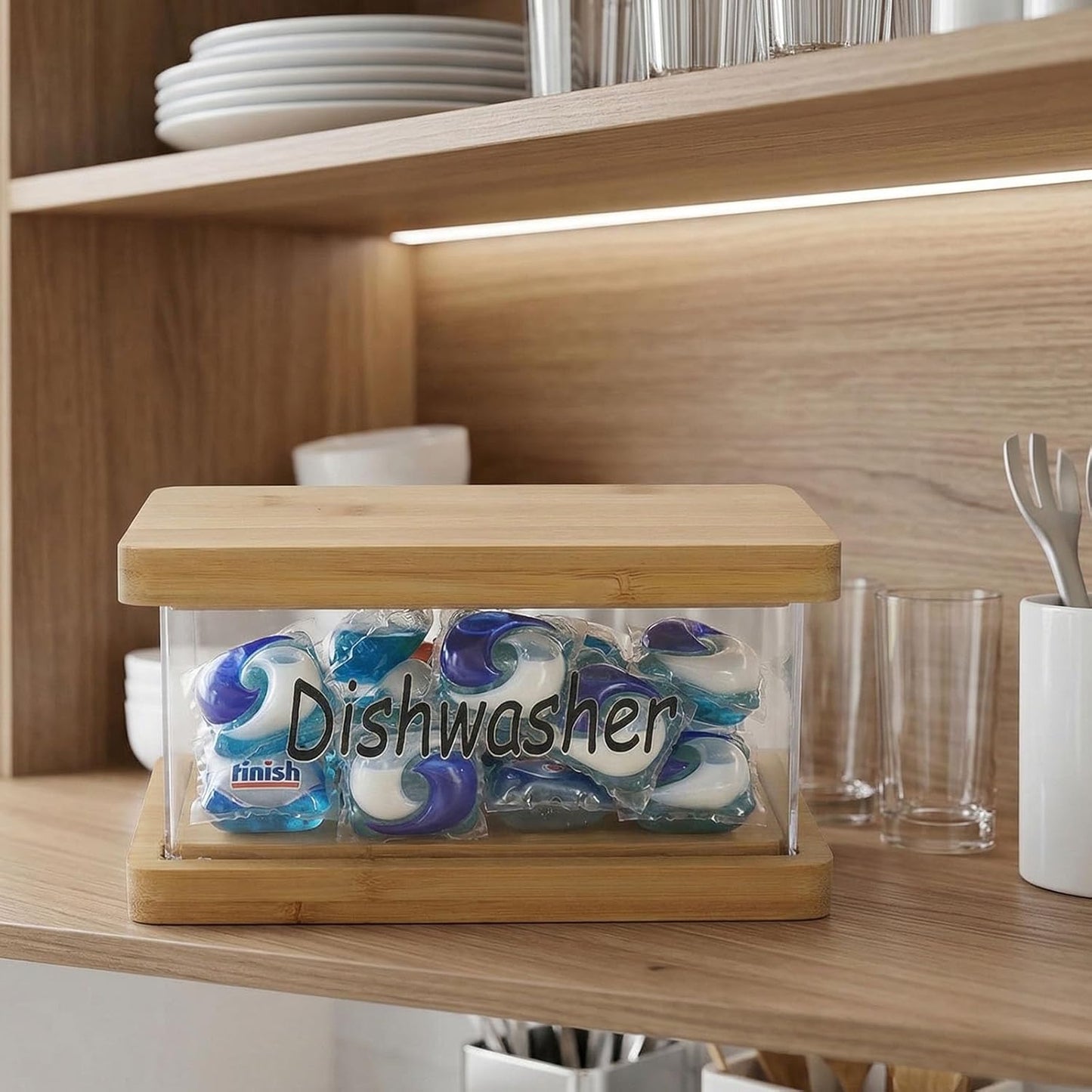Laundry Pods Container With Bamboo Lid And Base, Clear Detergent Pod Holder For Laundry Room Organization, Dishwasher Tablet Storage Box, Countertop Capsule Dispenser For Kitchen Or Utility Shelf