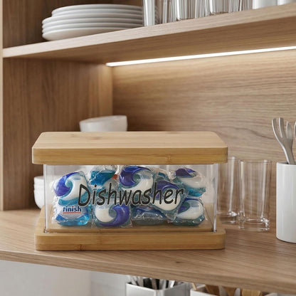 Laundry Pods Container With Bamboo Lid And Base, Clear Detergent Pod Holder For Laundry Room Organization, Dishwasher Tablet Storage Box, Countertop Capsule Dispenser For Kitchen Or Utility Shelf