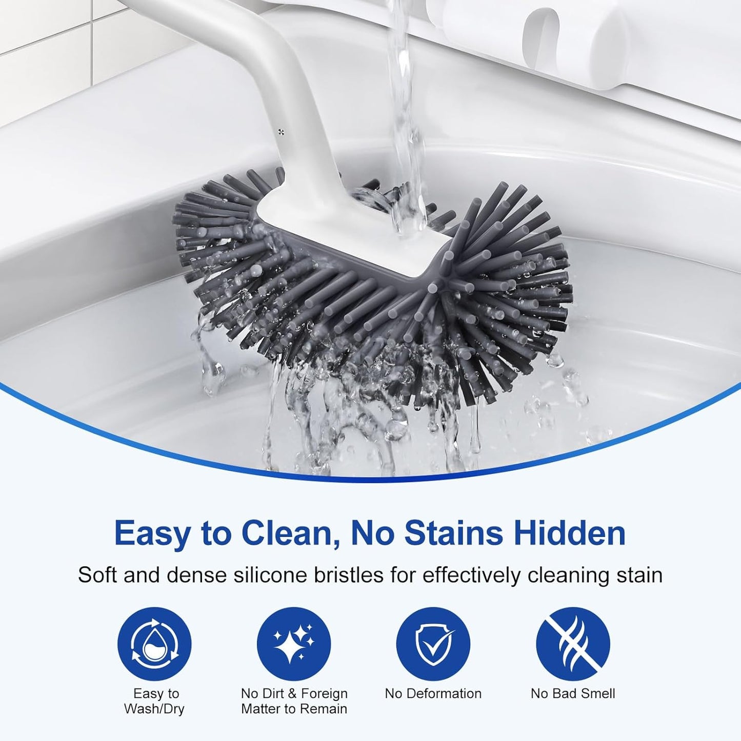 HAMITOR Toilet Bowl Brush Holder Set: Deep Cleaning Silicone Toilet Cleaner Scrubber Under Rim with Curved Bristle for Bathroom Dead Corner Clean - Modern Rv Toilet Decorative Accessories - Gray