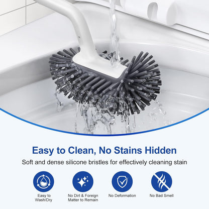 HAMITOR Toilet Bowl Brush Holder Set: Deep Cleaning Silicone Toilet Cleaner Scrubber Under Rim with Curved Bristle for Bathroom Dead Corner Clean - Modern Rv Toilet Decorative Accessories - Gray
