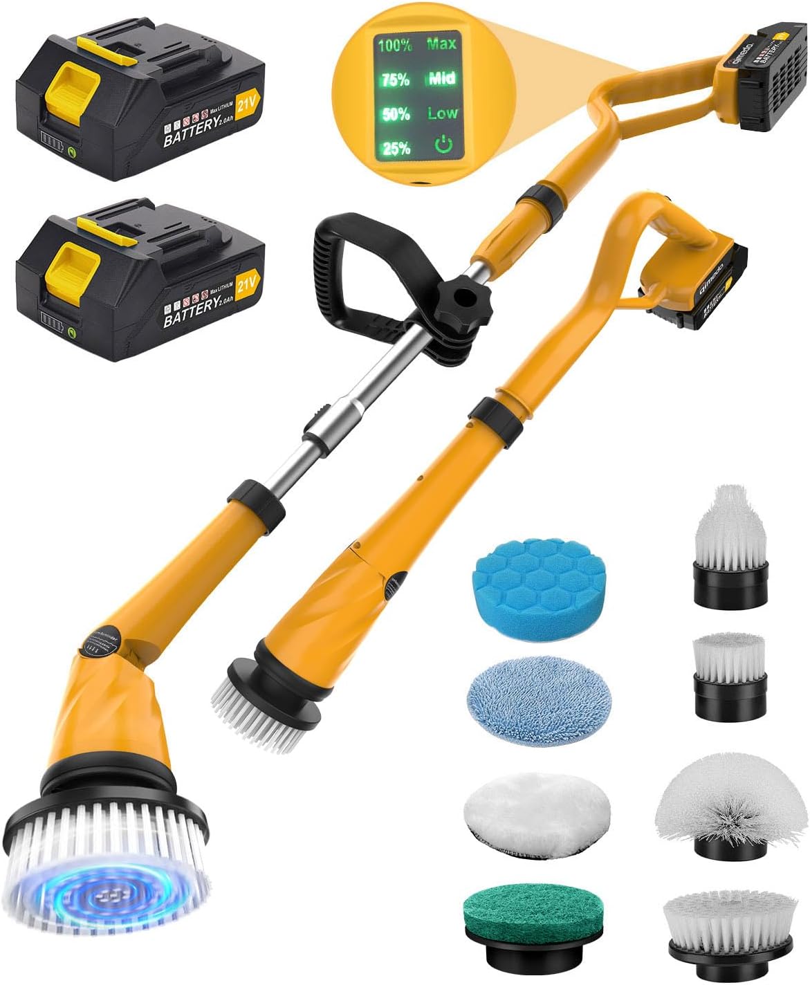 Qimedo Electric Spin Scrubber with Two Batteries Q2 Pro,1500 RPM High Power Electric Scrubber for Cleaning,Shower Cordless Cleaning Brush with Display for Tub/Tile/Floor (Effortless Handle/8 Brushes)