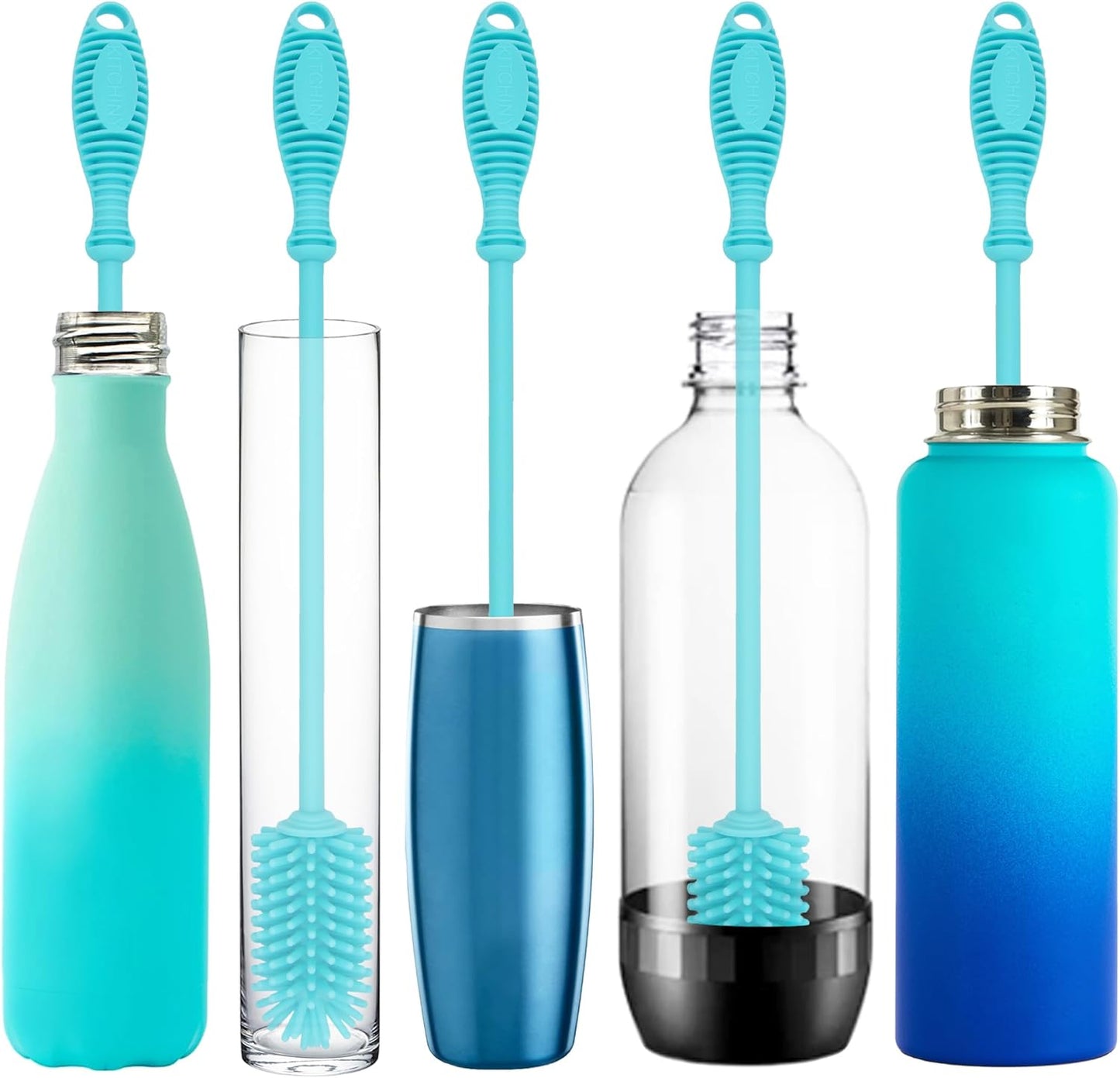 Kitchiny Silicone Bottle Brush with 2 Straw Cleaners - 12.5” Water Bottle Cleaner Brush for Yeti, Hydro Flask, Owala, Stanley, Baby Bottles, Glassware, Vases & Narrow Neck Containers - Grey