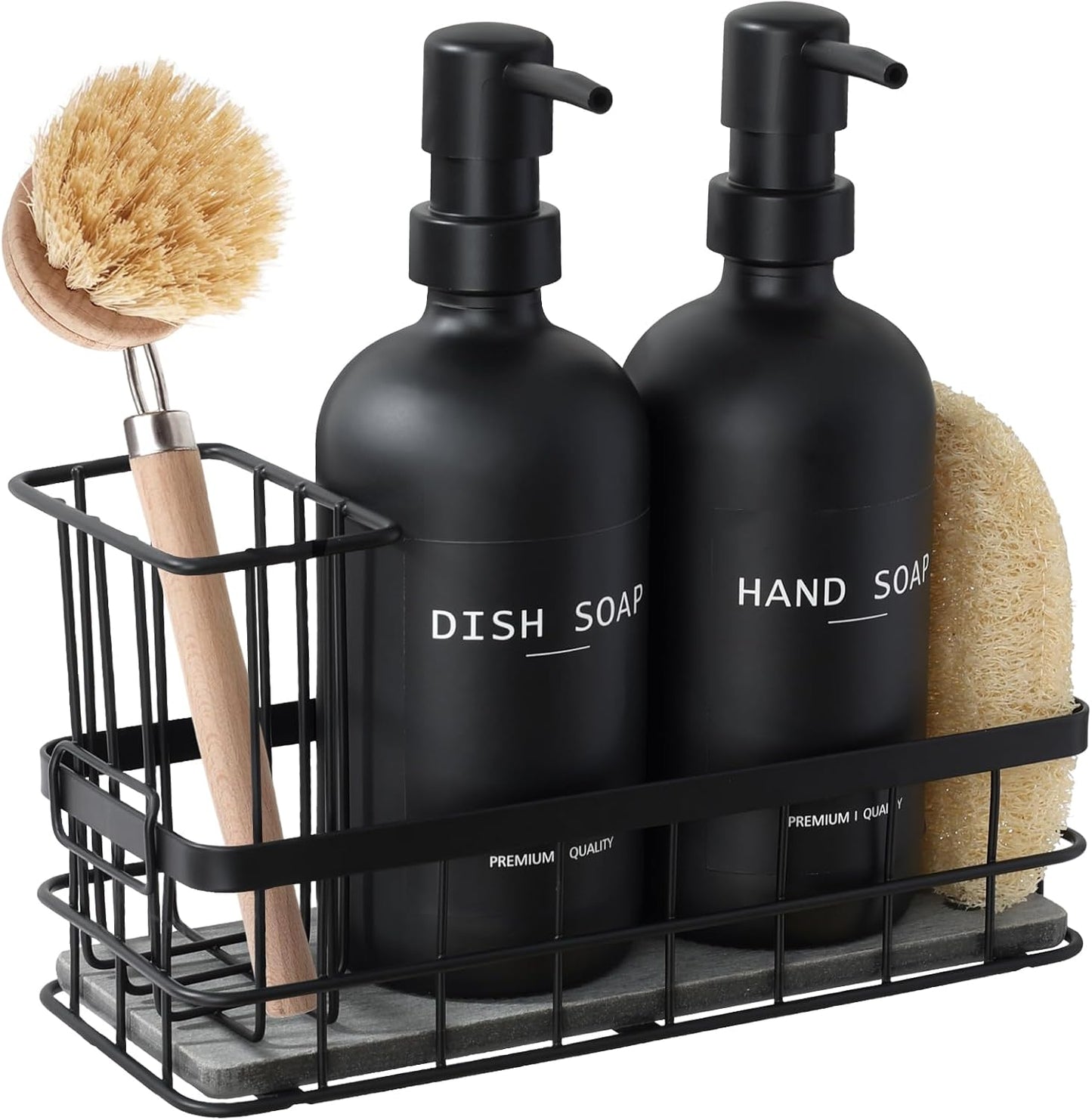 Dish Soap Dispenser for Kitchen, 16.9 fl oz Amber Hand and Dish Soap Dispensers, Kitchen Soap Dispenser Set with Sponge Holder, Brush Holder and Loofah Sponge, Countertop Sink Organizer Accessories