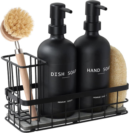 Dish Soap Dispenser for Kitchen, 16.9 fl oz Amber Hand and Dish Soap Dispensers, Kitchen Soap Dispenser Set with Sponge Holder, Brush Holder and Loofah Sponge, Countertop Sink Organizer Accessories