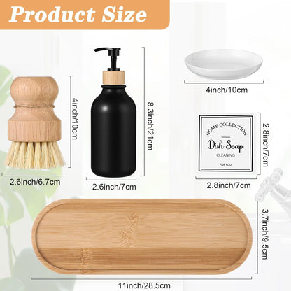 Zopeal 4 Pcs 16 oz Kitchen Soap Dispenser Set with Bamboo Tray and Dish Brush Plastic Soap Dispenser Set with Waterproof Labels for Hand Dish Lotion(Frosted Black)