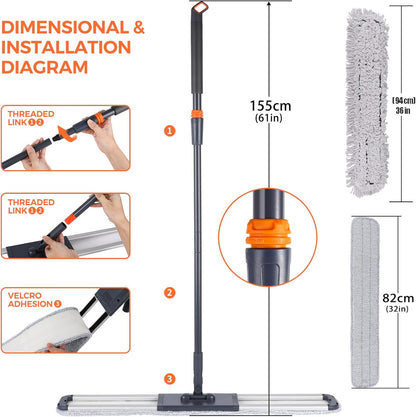 Flat Mop for Cleaning Floors Heavy Duty Microfiber Wet Mop Deep Cleaning for Hardwood, Tile & Laminate, Includes 4 Reusable Washable Pads and Adjustable Long Handle (32 in Mop Set)