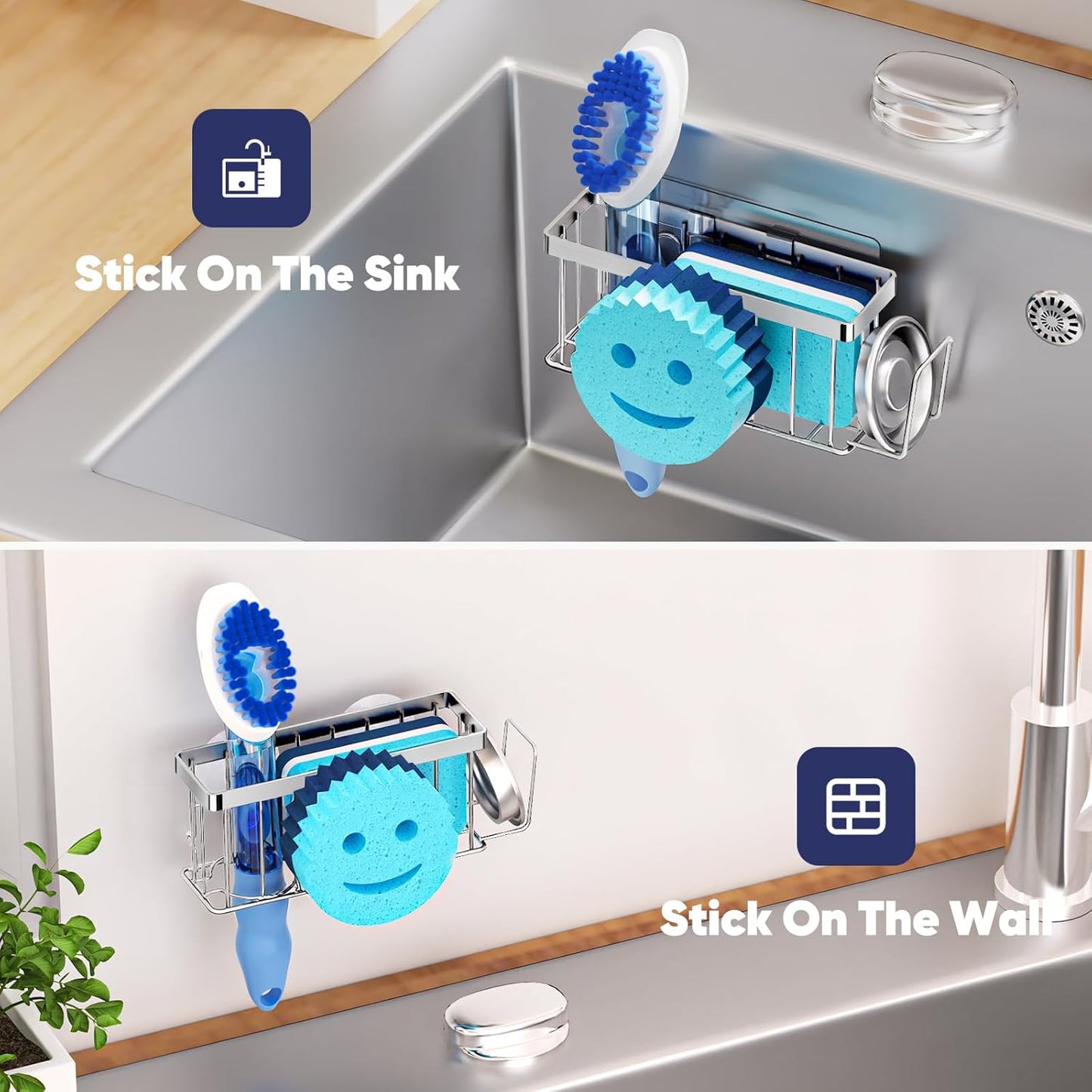 MURLONG Sponge Holder for Kitchen Sink,Sink Caddy Smiley Face,4-in-1 Sponge Holder with Suction Cups & 1 PCS Adhesive Strips for Holding Soap,Brush,Scrubber,Sponge,Stopper-Black