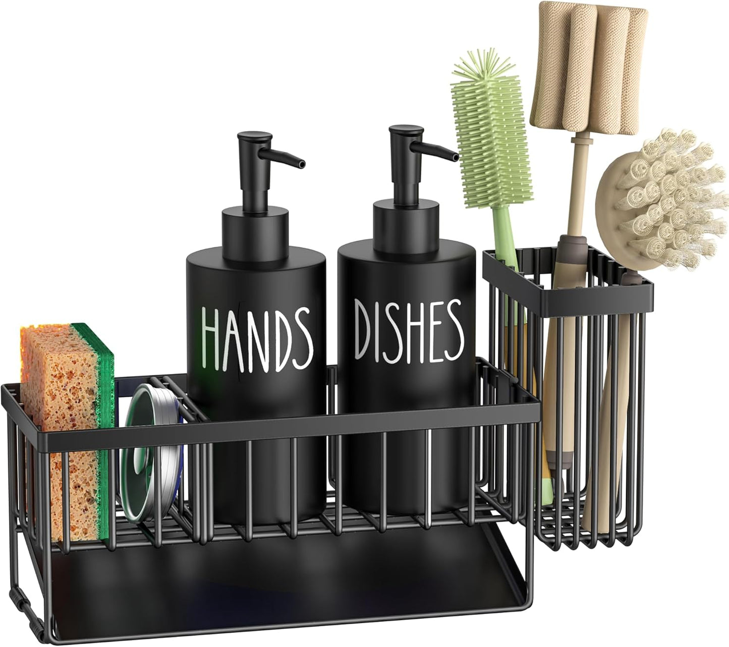 MASADI Kitchen Sink Caddy with Dish Soap Dispenser Set, 12OZ Glass Bottle, Hand and Dish Soap Dispenser Set, Non-Slip Silicone Pad, Brush Holder, Kitchen Sink Organizer Countertop (Black+Clear)