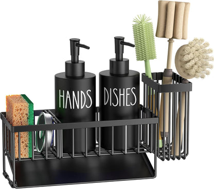 MASADI Kitchen Sink Caddy with Dish Soap Dispenser Set, 12OZ Glass Bottle, Hand and Dish Soap Dispenser Set, Non-Slip Silicone Pad, Brush Holder, Kitchen Sink Organizer Countertop (Black+Clear)