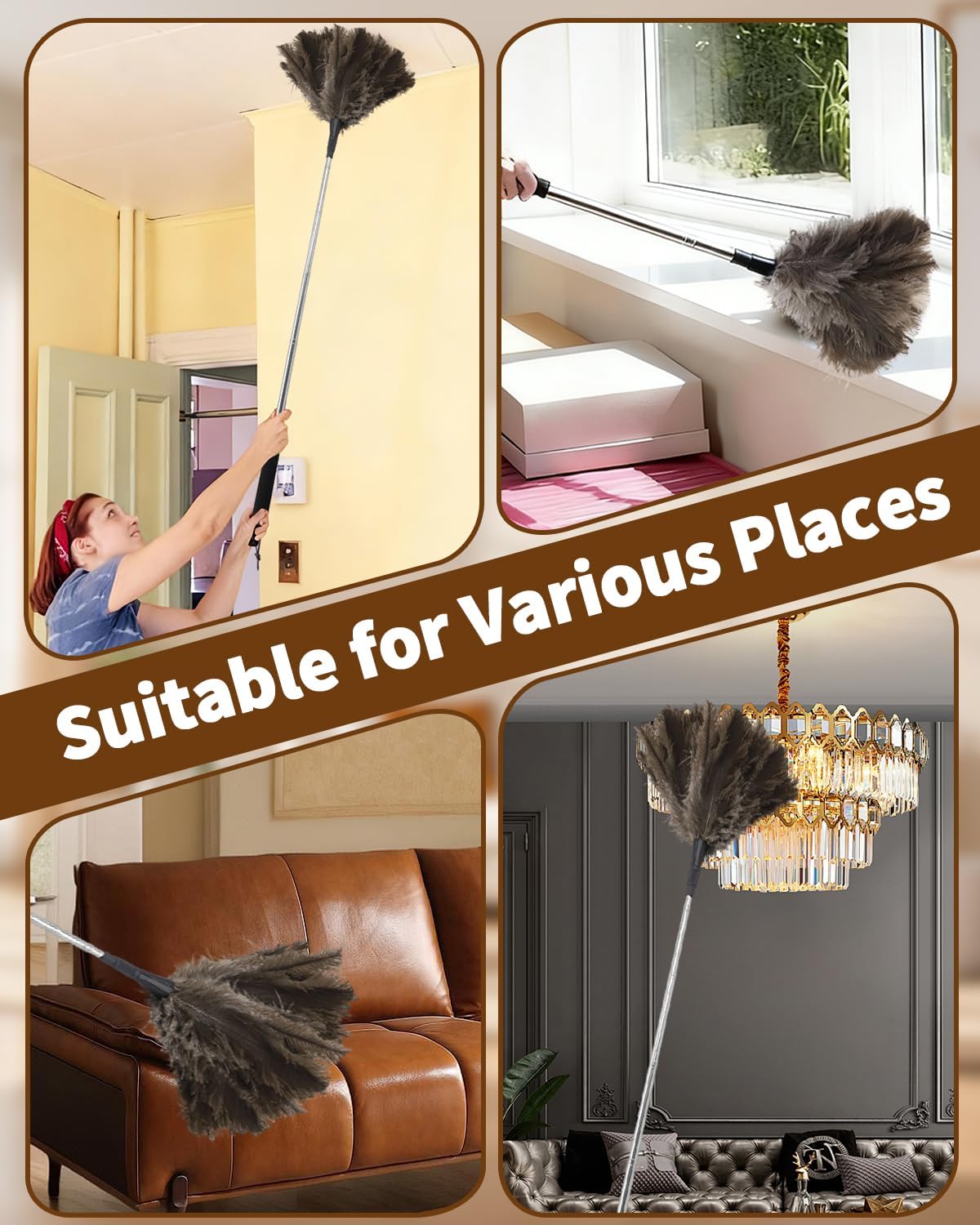 Extendable Ostrich Feather Duster with Bonus Wool Feather Duster Head - Natural Fluffy Non-Slip Handle Feathers Dusters for Cleaning Ceiling Fans, Blinds, Roof Dusting, High Surfaces (18-48 in)