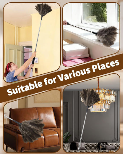 Extendable Ostrich Feather Duster with Bonus Wool Feather Duster Head - Natural Fluffy Non-Slip Handle Feathers Dusters for Cleaning Ceiling Fans, Blinds, Roof Dusting, High Surfaces (18-48 in)