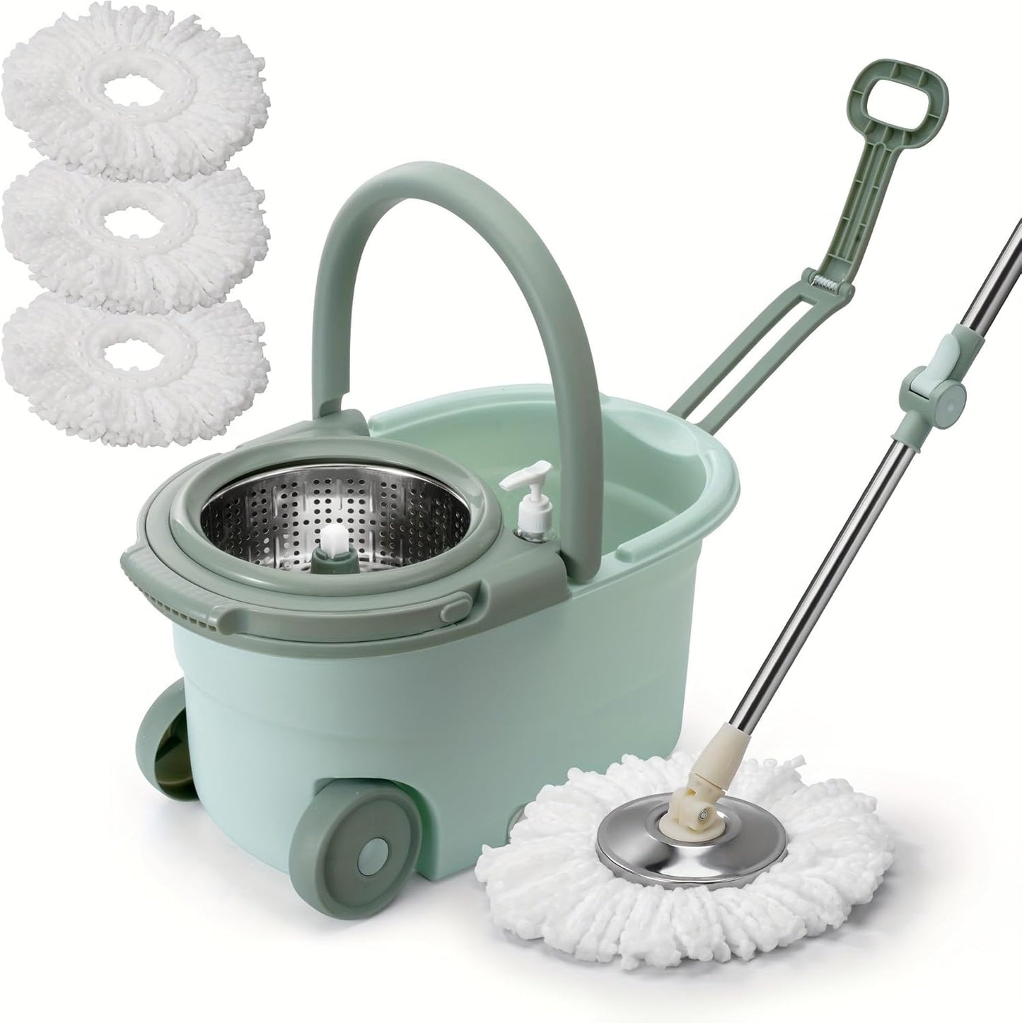 360° Spin Mop and Bucket System with Wringer, 61" Stainless Steel Handle & 3 Microfiber Refills, Self-Cleaning Floor Mop for Tile Hardwood Laminate