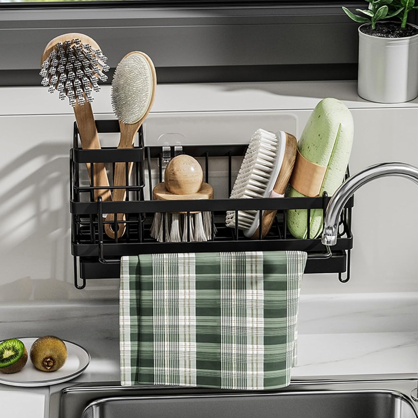 Sponge Holder for Kitchen Sink,Sink Caddy Organizer with Removable Brush Holder,Kitchen Countertop Soap Dispenser Storage with Detachable Towel Rack,Black