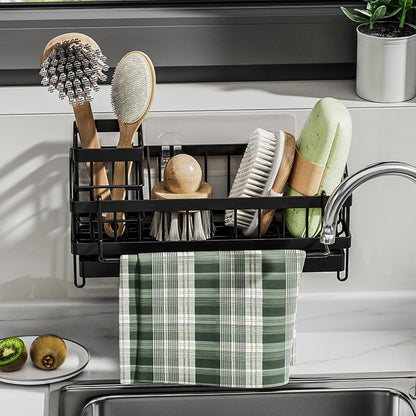 Sponge Holder for Kitchen Sink,Sink Caddy Organizer with Removable Brush Holder,Kitchen Countertop Soap Dispenser Storage with Detachable Towel Rack,Black