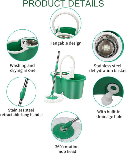 Hand Free Household Mop and Bucket with Wringer Set,Operable 360 ° Rotating Mop Bucket Set with 3 Microfiber Replacement Head and Stainless Steel 56" Extended Handle for Office and Home use(Green)