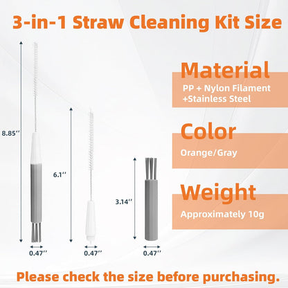 PROOCI Straw Cleaner Brush for Stanley, 2-Pack Multi 3 in 1 Long Straw Cleaning Brush Set for Reusable Straws, Tumblers, Lids, Sippy Cups, Water Bottle, Nipples & Fine Gaps - Orange & Gray