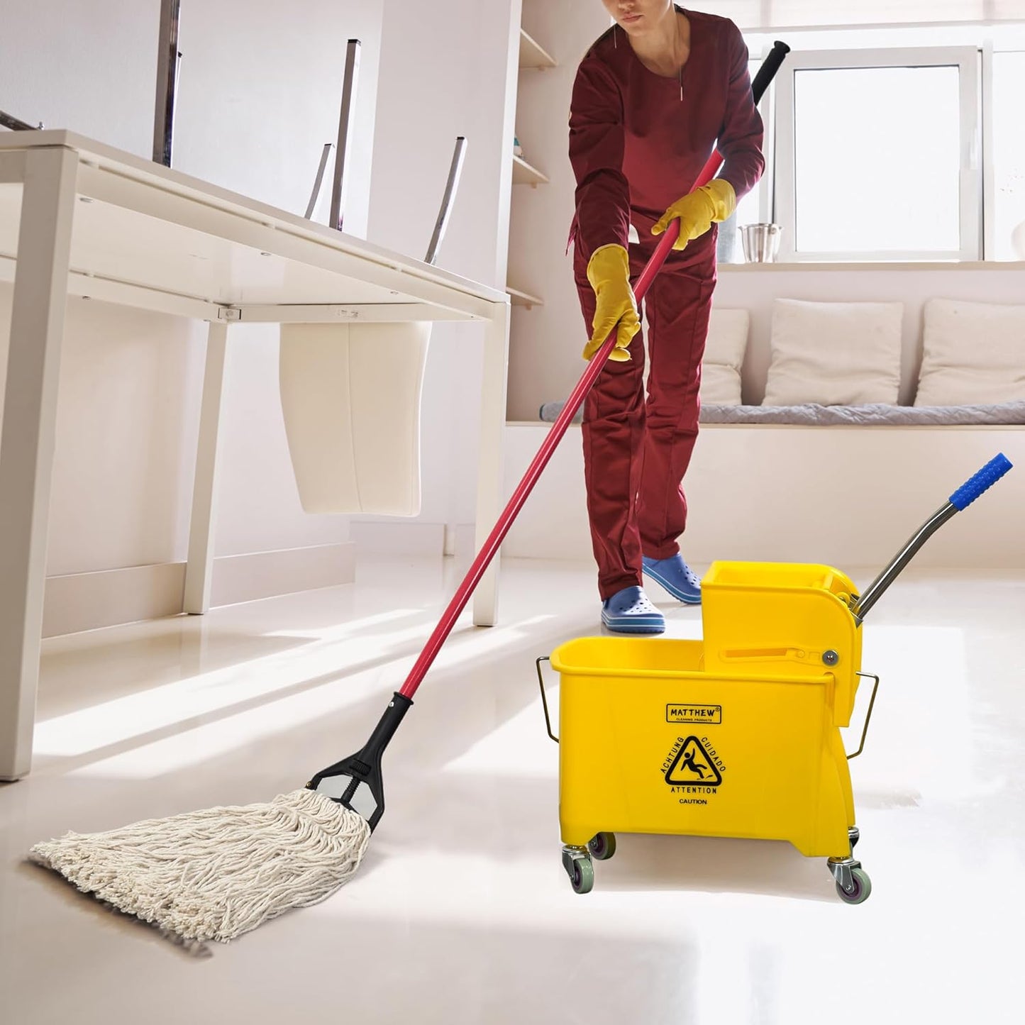 Matthew Cleaning 34 Quart Commercial Mop Bucket INCL.Wet String Mop with Side Press Wringer On Wheels,Heavy Duty Tandem Portable Floor Cleaning Wavebrake,Ideal for Household,Industrial,Restaurant