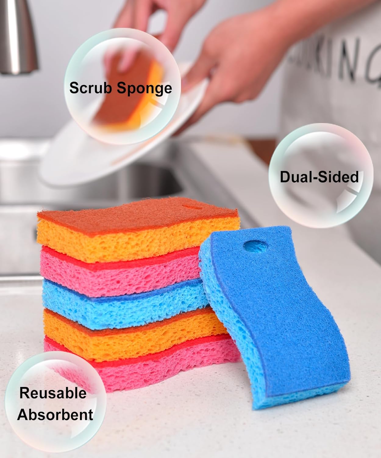 METUUTER 12-Count Scrub Sponges Kitchen Sponge Heavy Duty, Cellulose Sponges with Scouring Pads Dual-Sided for Kitchen and Household Use (Square-Blue)