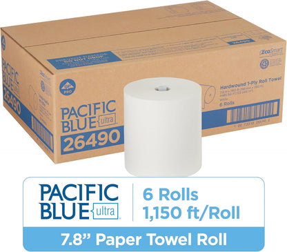 Pacific Blue Ultra 8” High-Capacity Recycled Paper Towel Roll by GP PRO (Georgia-Pacific), White, 26490, 1150 Feet Per Roll, 6 Rolls Per Case