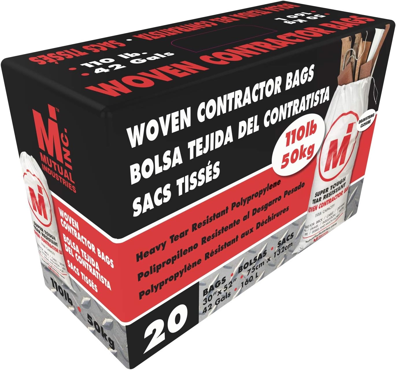 Mutual Industries Heavy Duty Woven Contractor Bag white, "28""x50""" 20 in a box. 110 pound Capacity