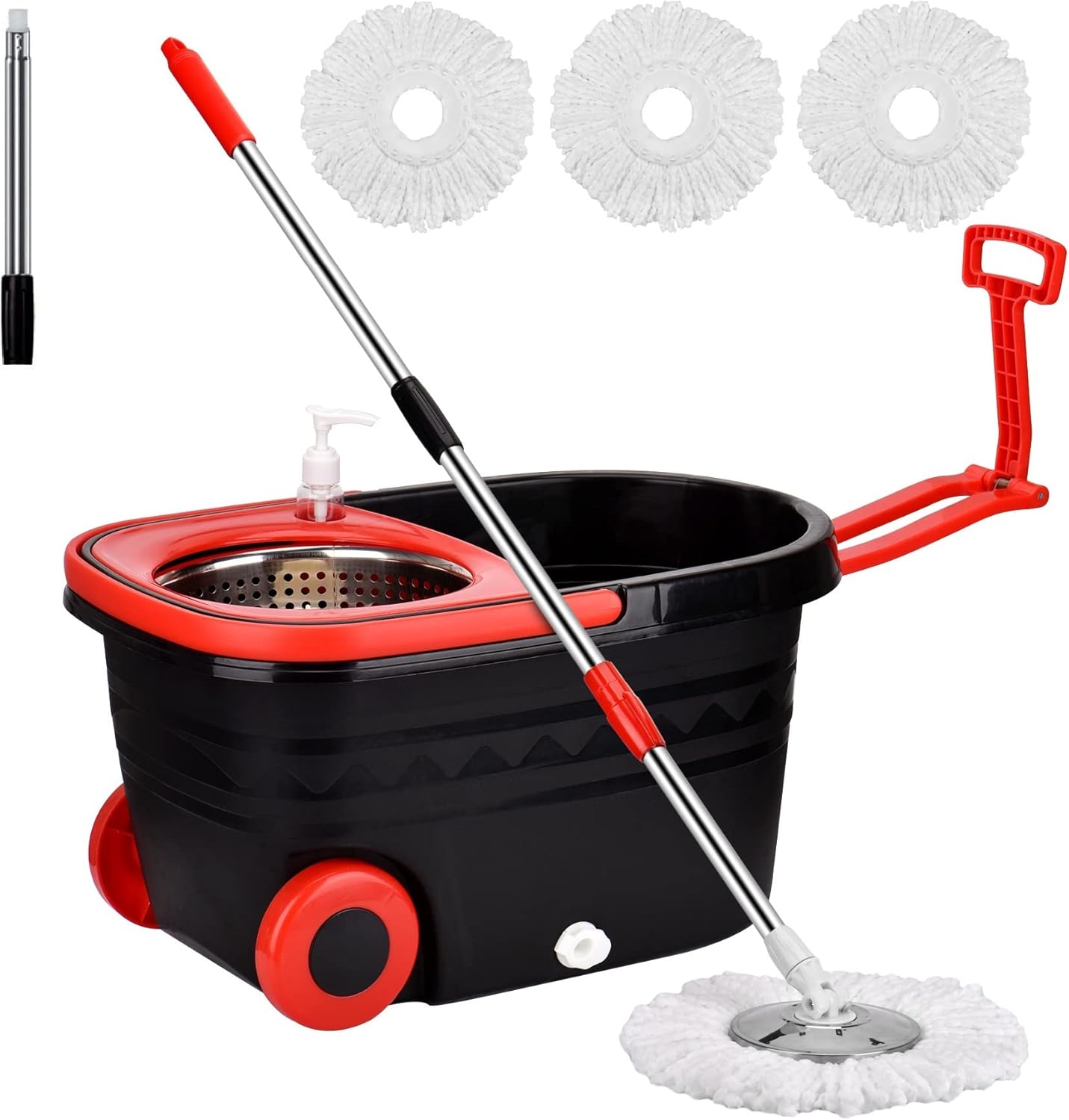 Spin Mop and Bucket with Wringer Set,360° Spin Mop & Bucket Floor Cleaning System Mop Bucket with 61" Adjustable Extended Handle 3 Microfiber Replacement Head Refills