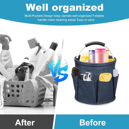 Qivine 17L Cleaning Caddy with Handle, Cleaning Supply Caddy Foldable Tool Bag Cleaning Products Organizers Portable Cleaning Bucket Organiser for Storing Towels(Blue)