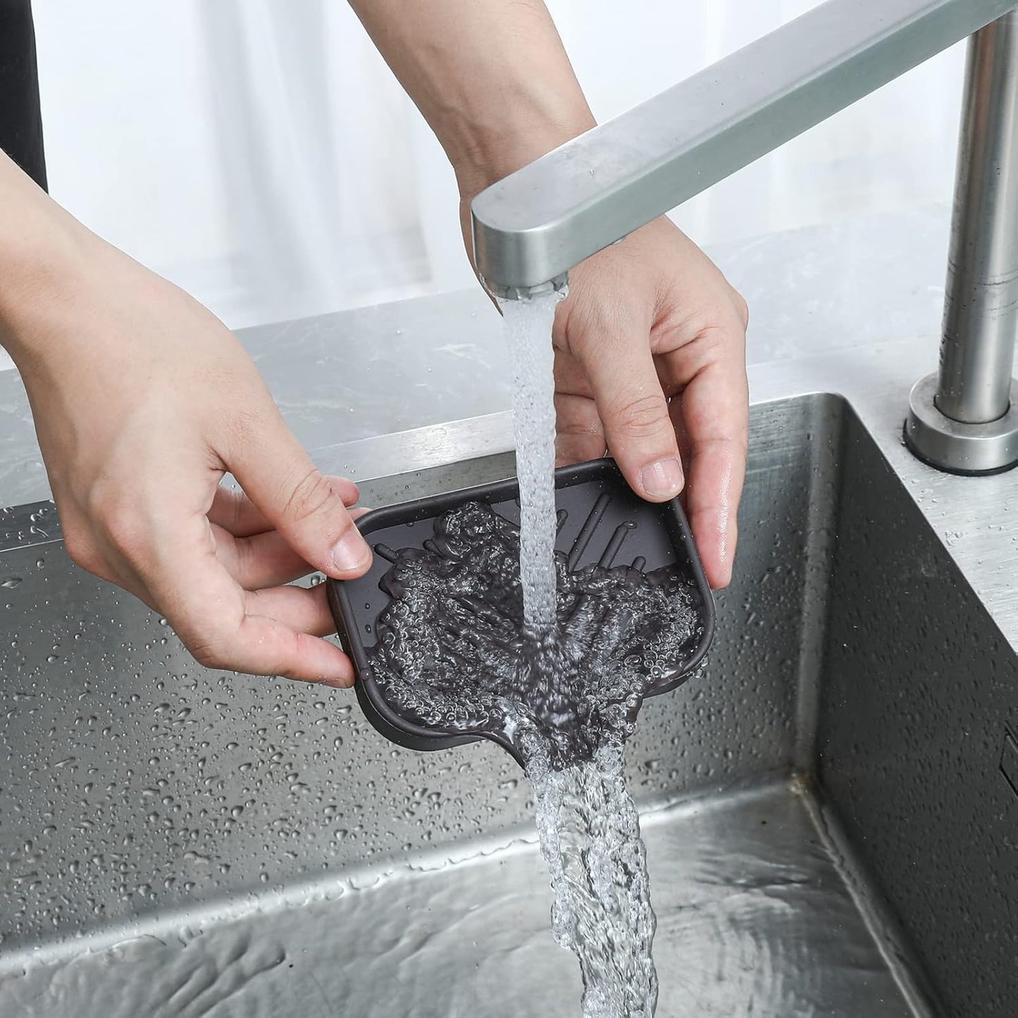 MicoYang Silicone Bathroom Soap Dishes with Drain Spout-Bathroom and Kitchen Sink Organizer,Sponge Holder,Dish Soap Tray,Perfect for Dispenser,Scrubber,Bottle,Cup on Sink or Counter-Black 4.9"×3.2"