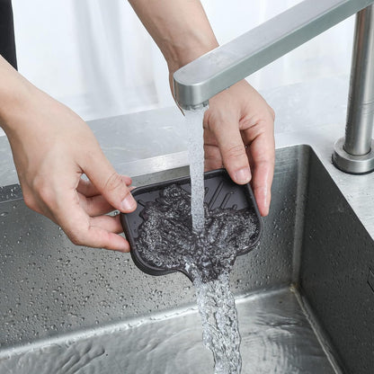 MicoYang Silicone Bathroom Soap Dishes with Drain Spout-Bathroom and Kitchen Sink Organizer,Sponge Holder,Dish Soap Tray,Perfect for Dispenser,Scrubber,Bottle,Cup on Sink or Counter-Black 4.9"×3.2"