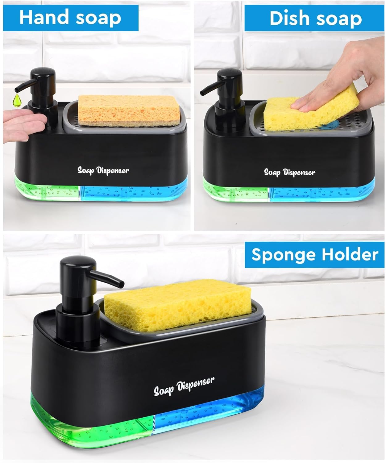 Kitchen Dish Soap Dispenser with Sponge Holder, 2-in-1 Countertop Soap Pump Dispenser, Soap Dispenser for Kitchen Sink with 2-Packs Wire Dishwashing Rag,Black