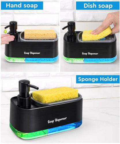 Kitchen Dish Soap Dispenser with Sponge Holder, 2-in-1 Countertop Soap Pump Dispenser, Soap Dispenser for Kitchen Sink with 2-Packs Wire Dishwashing Rag,Black