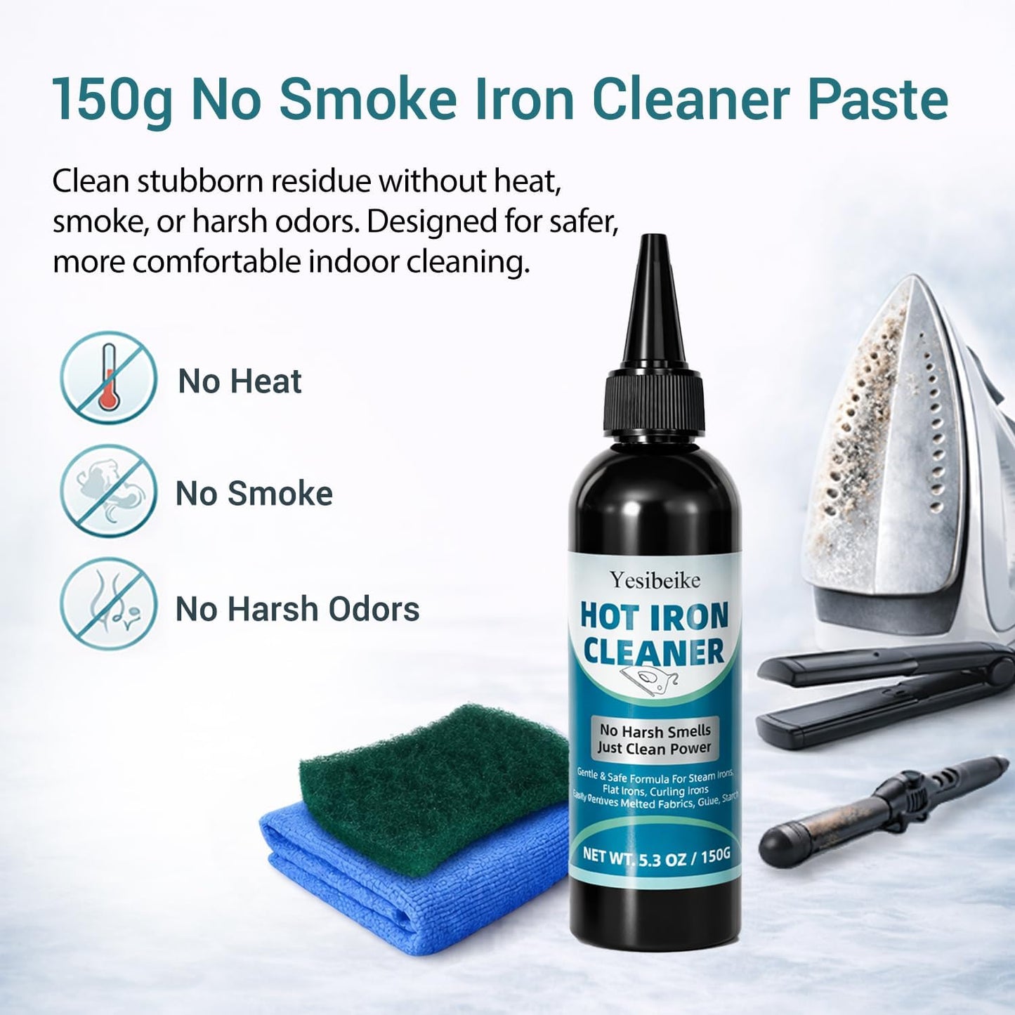 150g No Smoke Iron Cleaner, Cold Use Soleplate Cleaner Paste for Steam Irons, Removes Starch, Melted Fabric & Glue, Safe for Flat & Curling Irons, with Microfiber Cloth