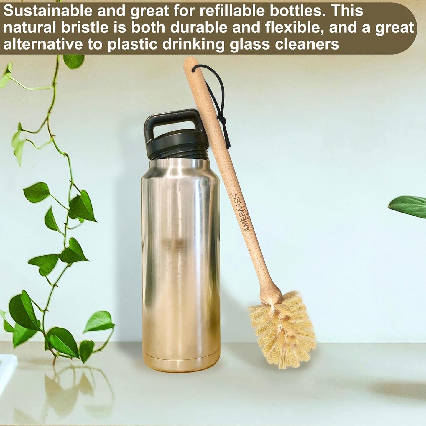 Bottle Brushes with Natural Bristles, 13-3/4 Inch Long Wood Handle Bottle Brush Cleans and Scrubs Wide Mouth Jars, Glasses, Vases, Mugs and Pitchers, Sisal + Horsehair Bristles 2 Pack